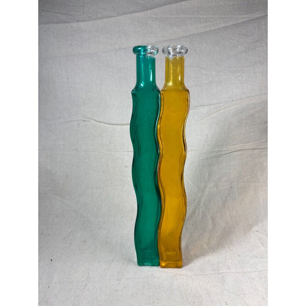 Wavy Vases Glass With Green & Yellow Plastic Sheath Wraps ~13"